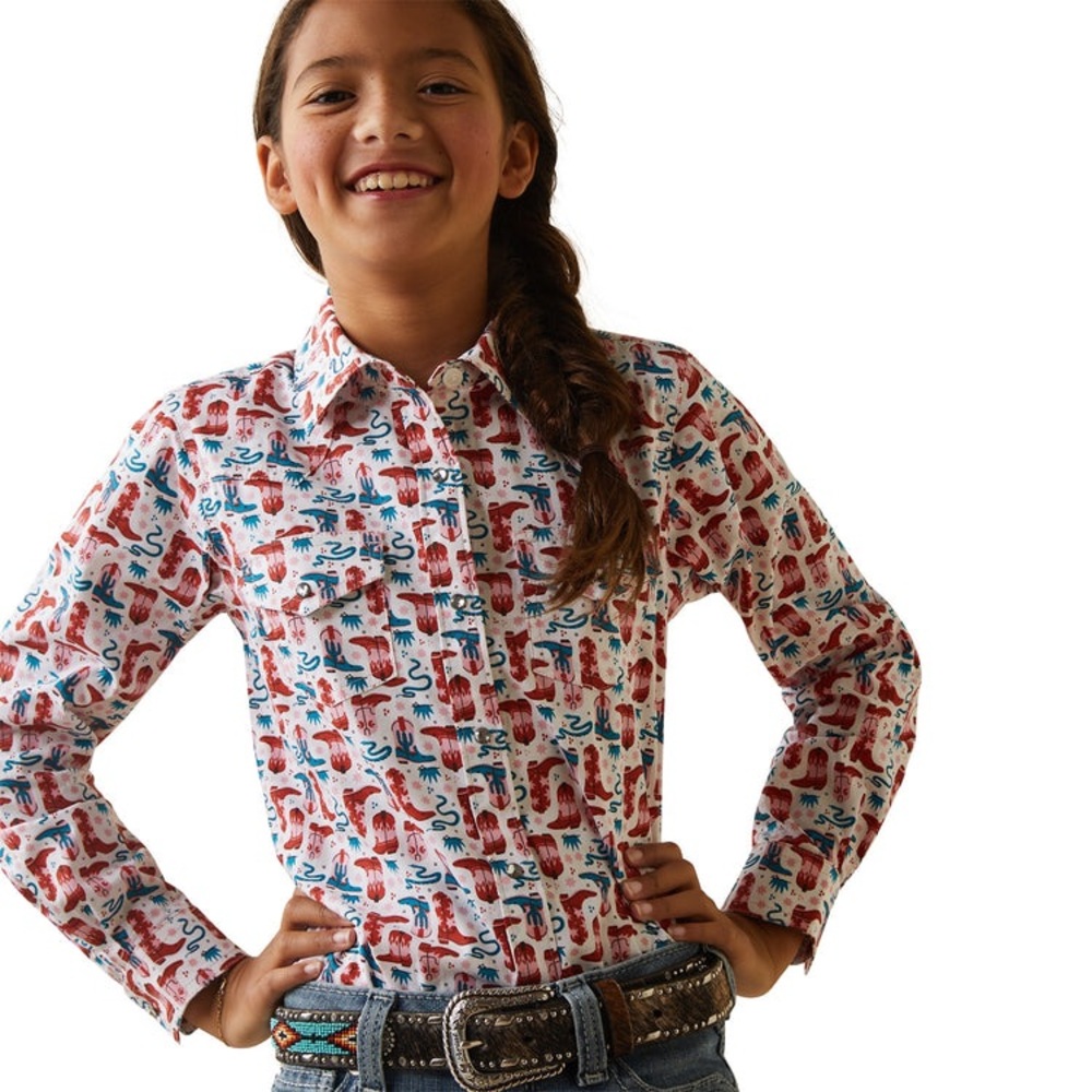 🌺Ariat Kids Blazin' Boots shirt-Pink Teal Burgundy